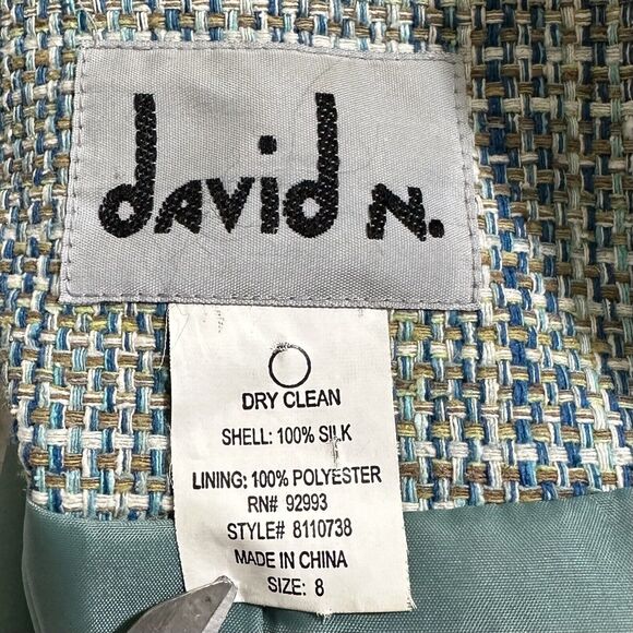 David N. Women's 8 Pure Silk Blazer Jacket Open Front Tweed Green Striped Coat - Picture 3 of 12